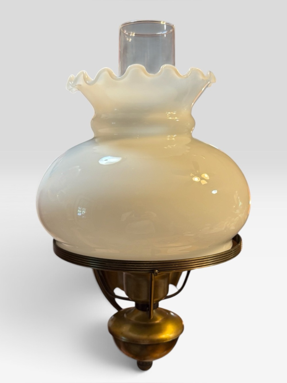 PAIR VTG Brass Hurricane Wall Sconces Milk Glass Ruffled